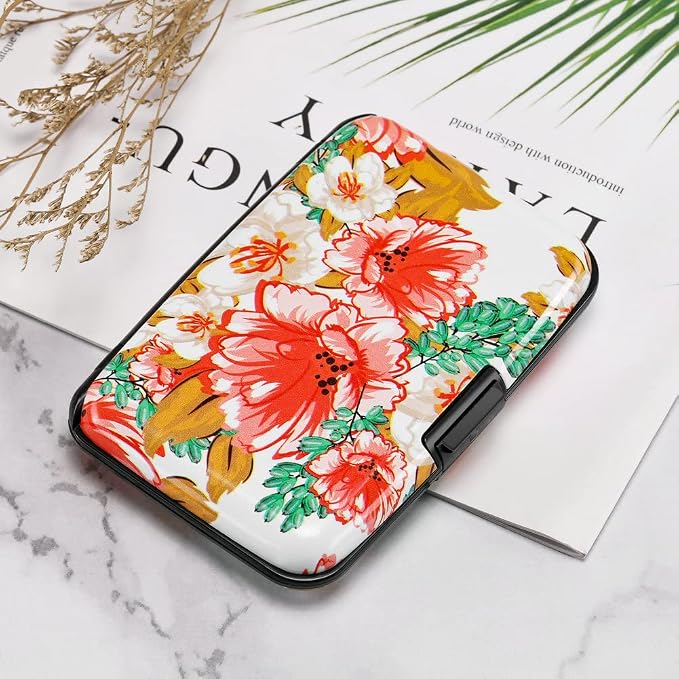 ELFISH Mini RFID Aluminum Wallet Credit Cards Holder Business Card Case Metal ID Case for Men Women(Flower22)