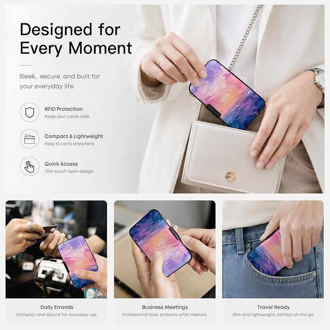 Credit Card Holder RFID Aluminum card case sunset mini Wallet Women Men | ABS Business ID Case,Hard Case Large Capacity 6 Slots, Waterproof Durable ，Secure Closure Slim Small Credit Card Protector