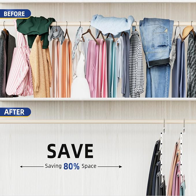 DAMITA Pants Hangers Space Saving - 4 Pack 5 in 1 Layers No Need Installation - Stainless Steel Metal Jeans Hangers - White Closet Organizers and Storage Anti-Slip Design for Pants Scarf Legging