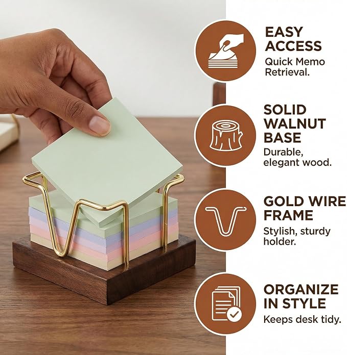 Wood Sticky Note Holder, 3 x 3 inch Self-Stick Note Memo Pad Holder for Desk, Notepad Dispenser for School Office, Gold