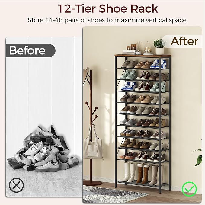 MAHANCRIS 12 Tier Shoe Rack, Shoe Storage Organizer, Holds 44-48 Pairs | Tall Metal Shoe Rack Space Saving, Sturdy and Stable, Vertical Shoe Rack for Entryway, Hallway, Dorm Room, Rustic Brown