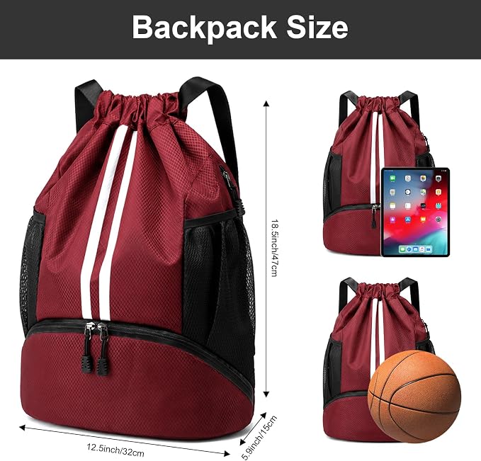 Hoedia Sports Drawstring Backpack - Swim Gym Bag for Women and Men | String Bag with Shoes Compartment and Wet Proof Pocket, Adjustable Wider Shoulder Strap, For Soccer, Basketabll, Volleyball