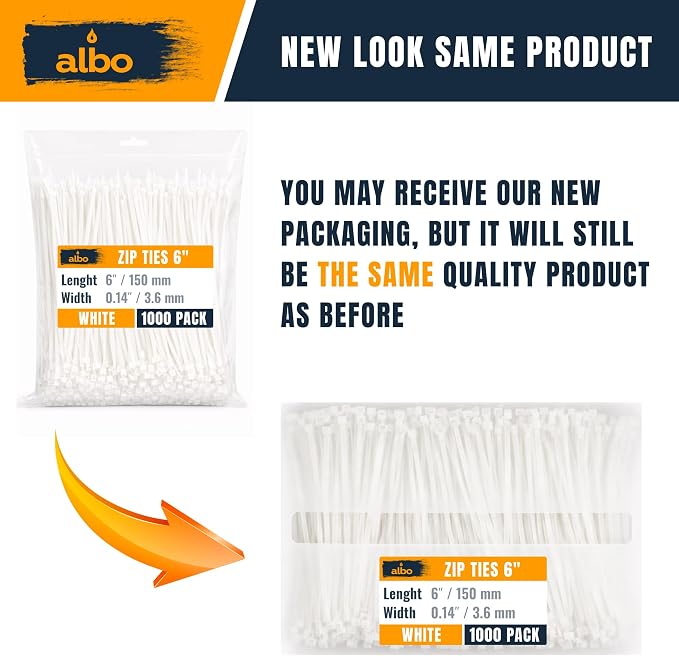 ALBO Zip Ties White 6 Inch 1000 Pack 40 lb, Long Plastic Cable Ties Thick 0.14 Inch Tie Wraps Heavy Duty UV Resistant Nylon Wire Ties for Indoor and Outdoor