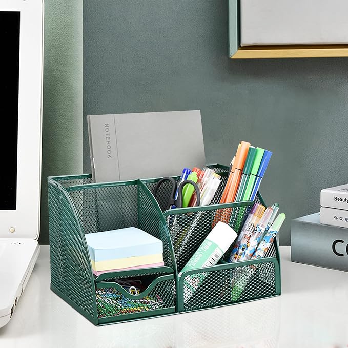 VANRA Office Supply Caddy Metal Mesh Desktop Supplies Organizer School Supply Holder Stuff Storage Organizer 6 Compartments with Drawer (Olive Green)