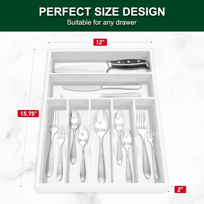 Bellsal White Utensil Organizer 12.5 Inch Silverware Tray for Drawer Utensil Holder Cutlery Organizer Kitchen Drawer Organizer 7 Compartment Small Narrow Bamboo | Natural Bamboo White, 7 Compartment, Durable, Small Narrow Organizer, Silverware Tray, Ut...