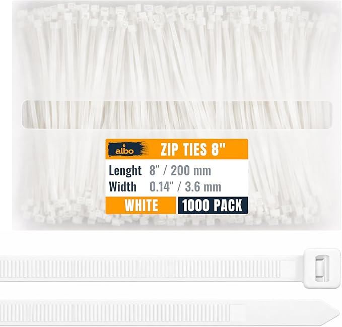 ALBO Zip Ties White 8 Inch 1000 Pack 40 lb, Long Plastic Cable Ties Thick 0.14 Inch Tie Wraps Heavy Duty UV Resistant Nylon Wire Ties for Indoor and Outdoor