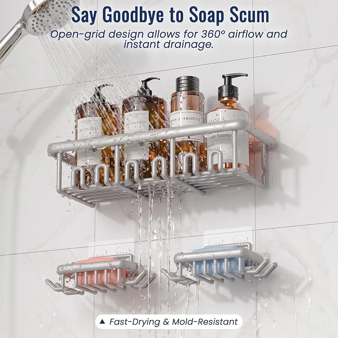 8 Pack Adhesive Rustproof Shower Caddy with Soap Dishes, Toothbrush Holder & Hooks, Large Capacity No-Drilling Shower Shelves Rack for Bathroom Organizers and Storage Accessories, Light Gray