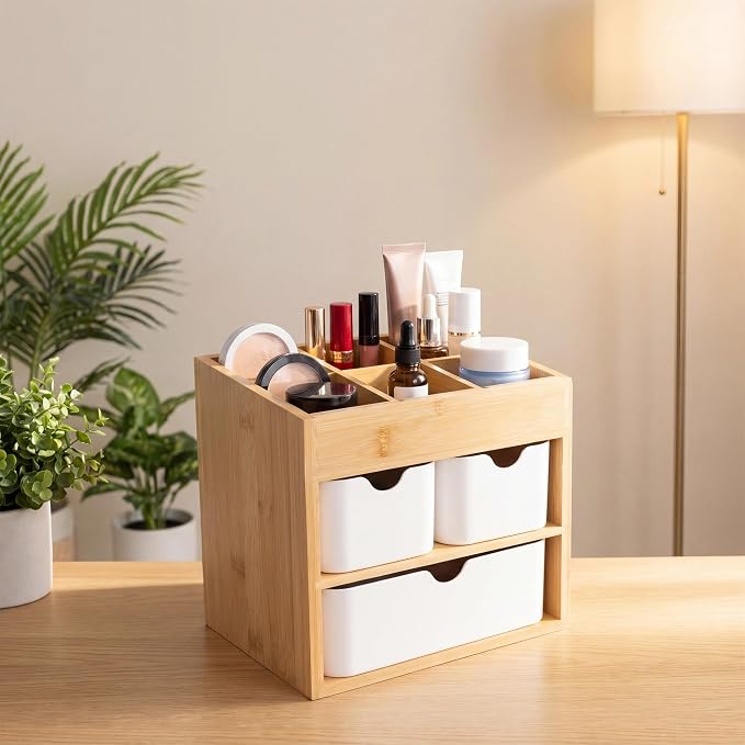 Bamboo Makeup Organizer with 3 Drawers | Wood Makeup Organizer, Dresser Cosmetic Box Organizer, For Home, Adjustable Dividers
