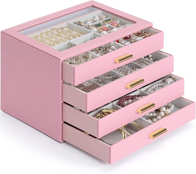 AKOZLIN Jewelry Box with Clear Lid Functional Leather Jewelry Storage Organizer Case 4 Drawers for Women Girls Necklace Ring Bracelet Earring