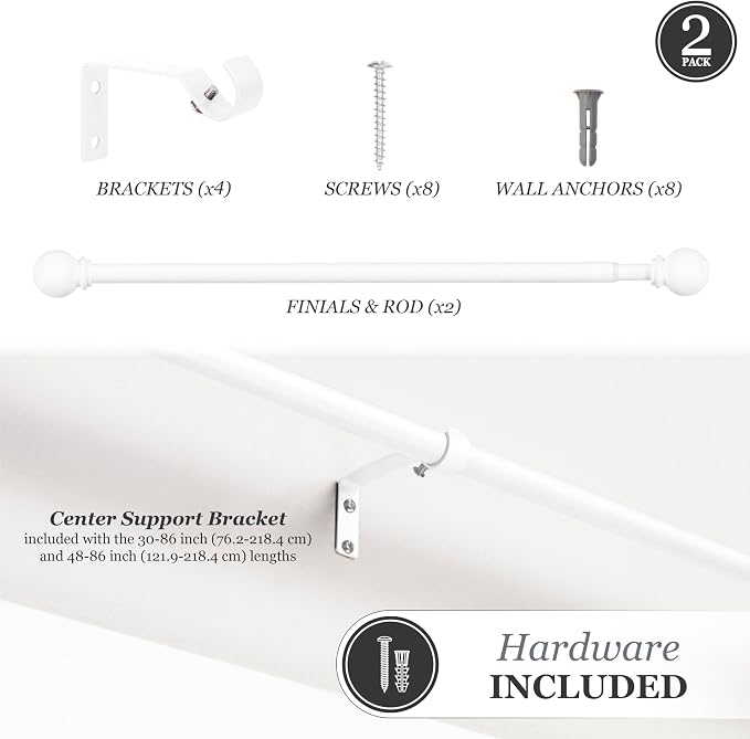 Kenney Chelsea Ball End Window Curtain Rod, Adjustable Curtain Rod for Windows 28 to 48 Inches, Extendable Curtain Rod Set, White Curtain Rod, Curtain Rods 2 Pack