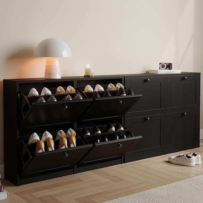 VOWNER Shoe Cabinet with 4 Flip Drawers, Freestanding Shoe Storage Cabinet with Adjustable Shelf & Anti-Tipping Device, Shoe Rack for Entryway, Hallway, Living Room (Black)