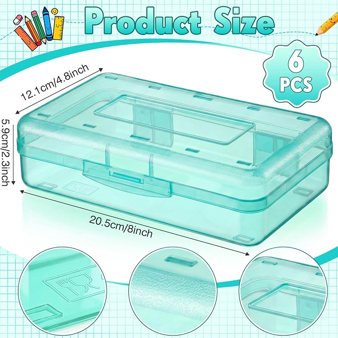 Blulu 6 Pack Large Plastic Pencil Case Box Clear Pencil Boxes Bulk Hard Crayon Box Storage with Snap Lids 8.1 x 4.7 x 2.2 Inch Painting Organizer Classroom Stationery School Supplies (Mint Green)