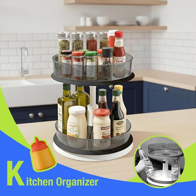 Lazy Susan Organizer for Medicine 2 Tier Pill Bottle Turntable | Clear Grey, 11 Inch, for Vitamin, for Cabinet, for Pantry, with Large Spice Rack