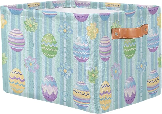 Rectangular Storage Bins Easter Egg Flower Stripes Collapsible Fabric Storage Basket Organizer with Handles for Nursery Bedroom Bathroom