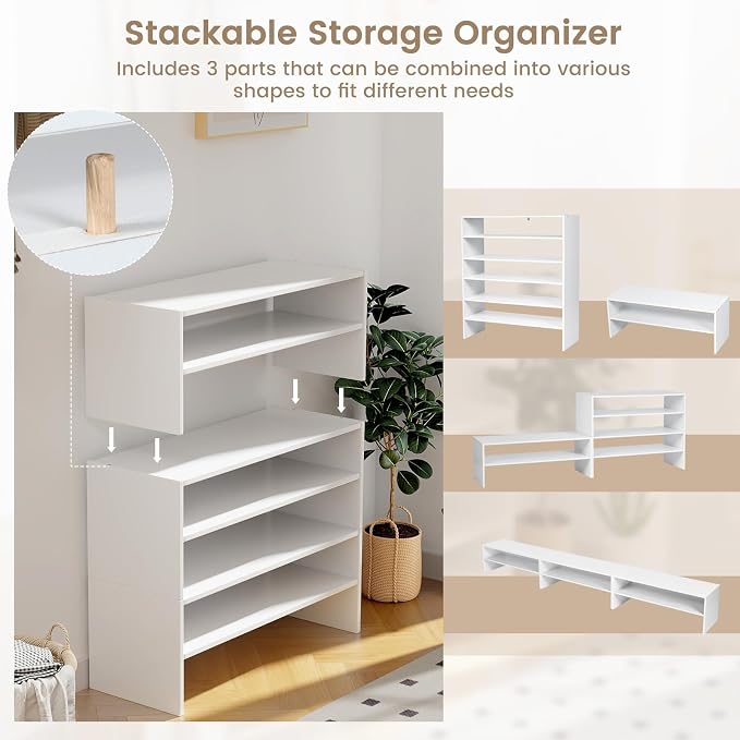 COSTWAY White Shoe Rack, 6-Tier Stackable Shoe Shelf for Closet | 31" Freestanding Extra Wide Storage Shoe Stand for Small Space Entryway Hallway Closet (2, White)
