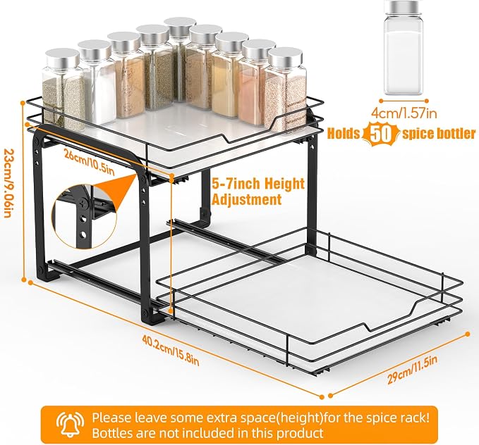 Pull Out Spice Rack Organizer for Cabinet, 2 Tier Metal Seasoning Organizer Slide Out Spice Storage Shelf, Heavy Duty Vertical Spice Rack Pullout for Kitchen, with Labels, 11.5W" X 10.5"D X 9"H