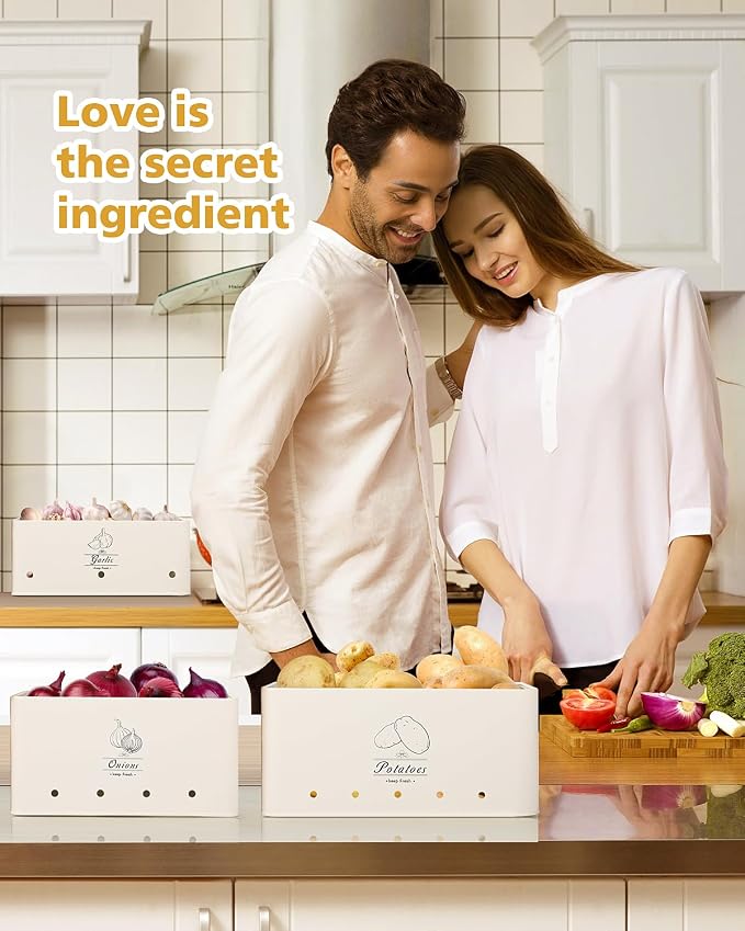 Kitchen Vegetable Storage Tins Set of 3 for Potatoes, Onion, Garlic, Vegetable Storage Containers with Ventilation and Bamboo cover, White metal material, Potato and Onion bin for Pantry