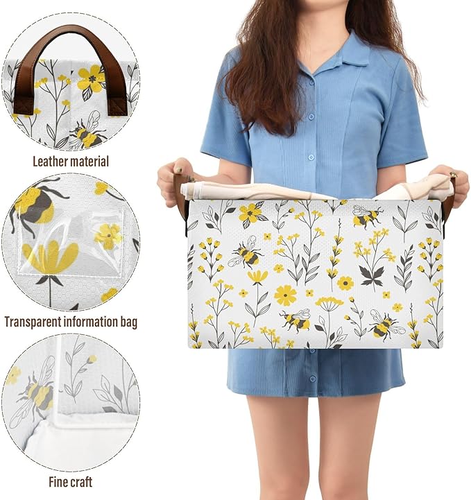 Yellow Wildflower with Bee Storage Basket Foldable Cube Storage Bins with Handles&Labels Waterproof Collapsible Organizer Box Bin Large Rectangle Decorative Baskets for Shelves Home Living Room Closet