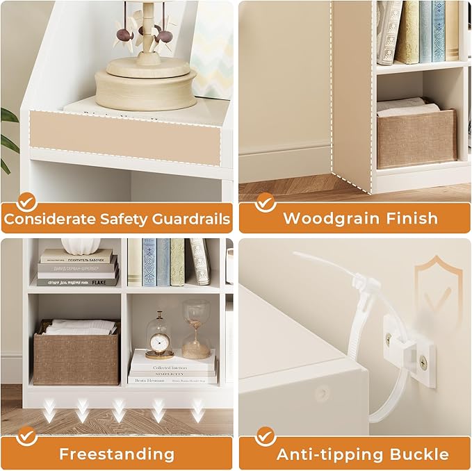 NELYE 6-Cube Wooden Storage Bookcase - 11-Inch Open Shelf Cabinet, Simple Modern Bookshelf Organizer for Home Office, Living Room, White