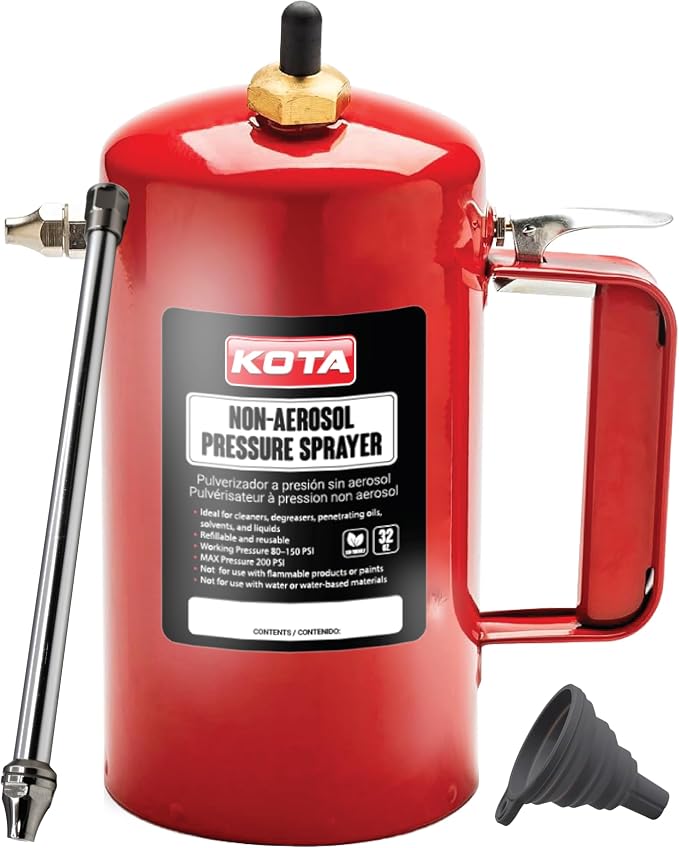 LAUCO Non Aerosol Pressure Sprayer - Refillable Pressurized Sprayer Bottle for Oil, Solvent, Degreasers, Lubricants - Rechargeable Steel Canister with Brass Nozzles, 32oz 69532