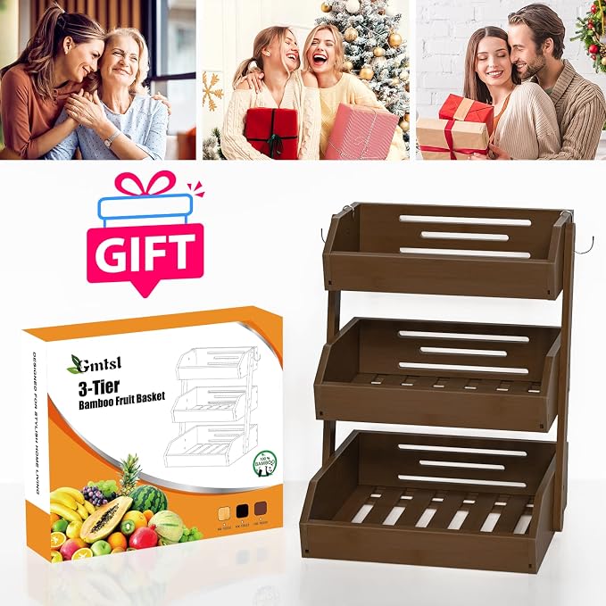 Gmtsl Bamboo Fruit Basket for Kitchen, Fruit Holder for Kitchen Countertop | 3 Tier Fruit bowl for Kitchen Counter, Fruit Stand, Vegetable Basket Storage, Produce Organizer, Bread Snack Display(WALNUT)