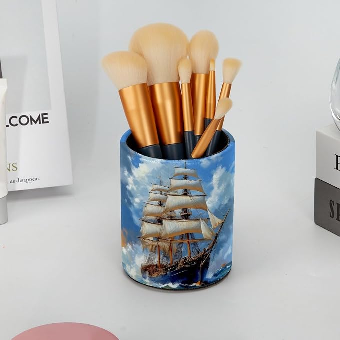 Sea Sailboat Pen Holder Pencil Organizer for Desk, 3.1” x 3.1” x 3.9” Pencil Cup Office Supplies, Large Capacity Cute Pen and Makeup Brush Holder for Home, School, Desktop