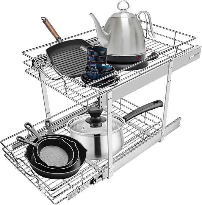 Sikarou Pull Out Cabinet Organizer 23" W x 21" D 2-Tier Individual Slide Out Drawer Pantry Shelf Storage for Kitchen Base Cabinet Organization for Kitchen, Bathroom, Pantry, Chrome