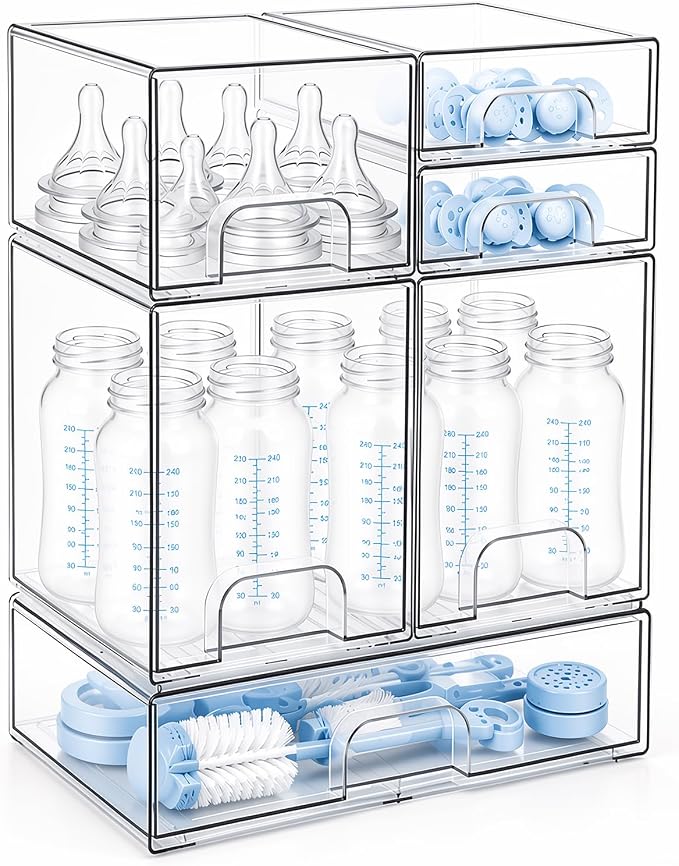 Clear Baby Bottle Organizer, 6-Piece Modular Stackable Acrylic Bins Set | BPA-Free Heavy-Duty Acrylic; Fits Breast Pump Parts, Nipples & Pacifiers; Space-Saving Nursery Cabinet & Drawer Organizer