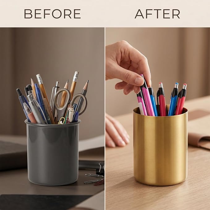 Stainless Steel Gold Pen Holder, Multi-Purpose Desk Pencil Cup, Elegant Makeup Brush Organizer for Office Home Vanity Decor, 3.9 Inch
