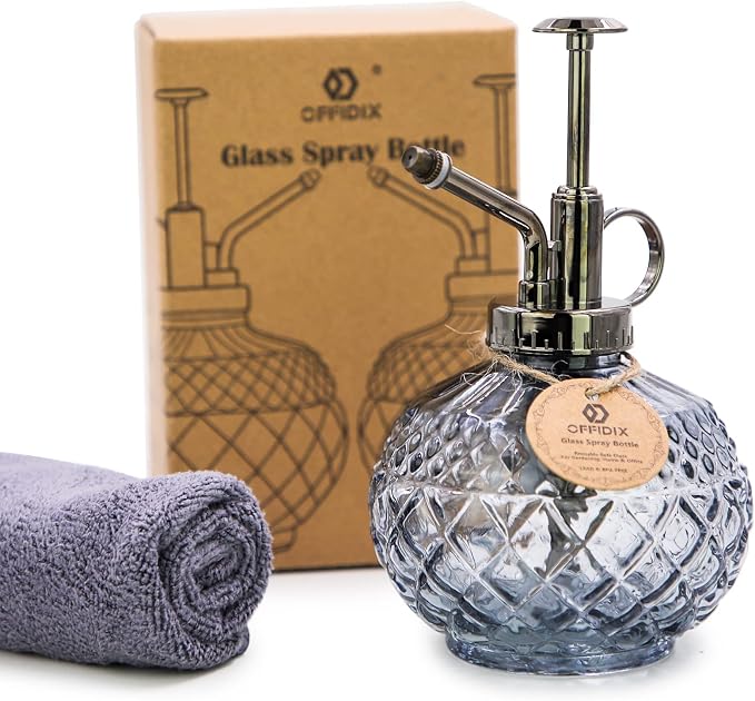 OFFIDIX Plant Mister Glass Spray Bottle Gray, Vintage Small Misters10 OZ | Fine Mist Spray, Refillable Watering Can with Plastic Top Pump, Spray Bottles for Garden Plant Cleaning, Indoor Outdoor Decor