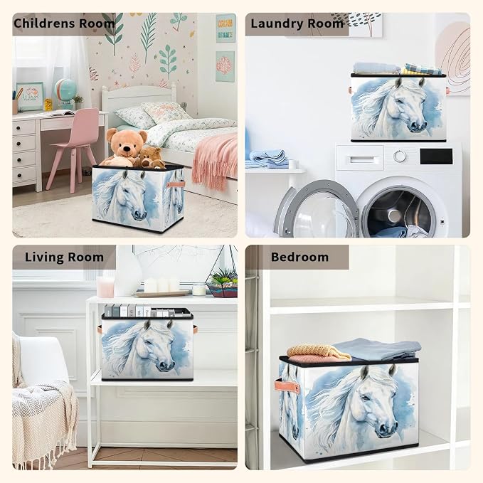Horse Closet Storage Bin, Foldable Storage Baskets for Shelves, Decorative Shelf Organizer Horse Animal Fabric Cube Bin for Living Room Bedroom Home Dorm