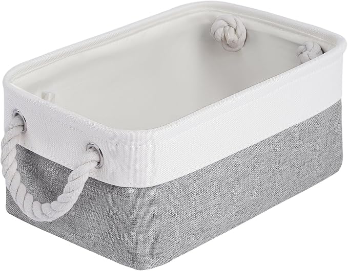 11.8x7.9x5.2 Inch Fabric Small Storage Bins with Handles 1 Pack | Foldable Storage Basket, Sturdy Metal Strand, Cardboard Support Molding, Small Baskets for Organizing, Shelves, White/Gray