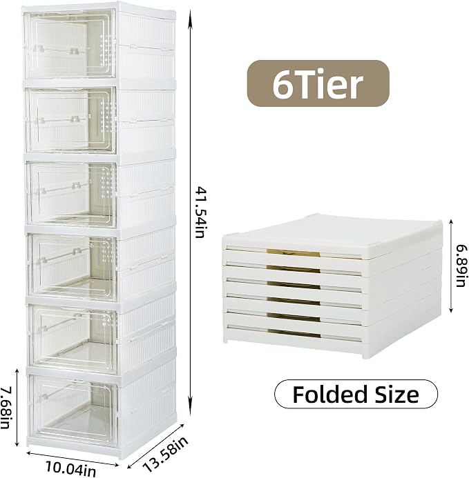 6 Tier Collapsible shoe rack, Drop front shoe box, White | No Assembly, Stackable, Clear Door, Plastic with Lids, Drop Front , Foldable Shoe Storage Box, shoe bin for entryway,