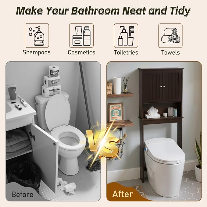 Over Toilet Storage Cabinet with Barn Door & Adjustable Shelves | 24 Inch Wide Bathroom Organizer, Space-Saving, Sturdy Wood, Anti-Tipping, Easy Assembly, for Restroom, Laundry, Small Spaces
