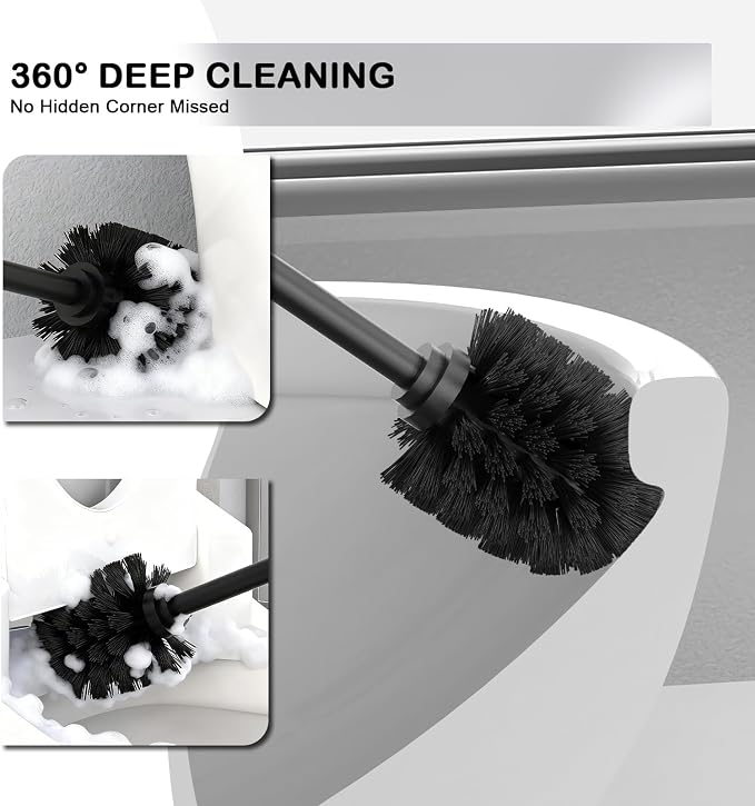 Stainless Steel Toilet Brush and Holder Set : Weighted Stable Base, Removable Inner Tube.Long Handle Toilet Bowl Brush Splash-Proof Design for Deep Cleaning & Space-Saving Storage,Black