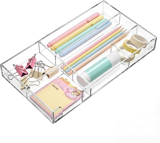 Briwooody Clear Acrylic Desk Drawer Organizer 11 x 6.1 x 1.38 Inch Storage Tray Organizer for Pens, Stationery, Desktop, Office, Bathroom, Kitchen, Makeup Supplies (6 Compartments)