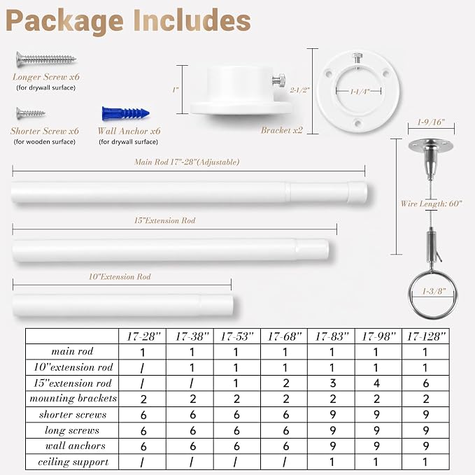 Closet Rod Adjustable 17-83”, Heavy Duty Hanging Clothes Rod, White | 1-1/4” Diameter, Stepless Metal Closet Bar, Wall-Mounted, For Hanging Clothes, Walk-In Closet, Wardrobes, Laundry Room, RV