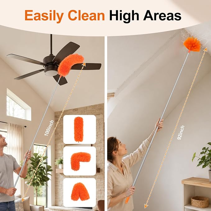 Cobweb Duster with Extension Pole, Pole5-Piece Spider Web Brush with Pole Kit, 100" Telescoping Microfiber Feather Dusters for Cleaning, Bendable Washable Dusters for High Ceilings, Ceiling Fans
