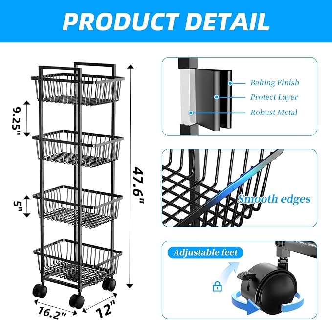 Simple Trending 4 Tier Rolling Fruit Vegetable Basket Cart, Metal Wire Kitchen Storage Organizer on Wheels for Bread Onion Potatoes, Black