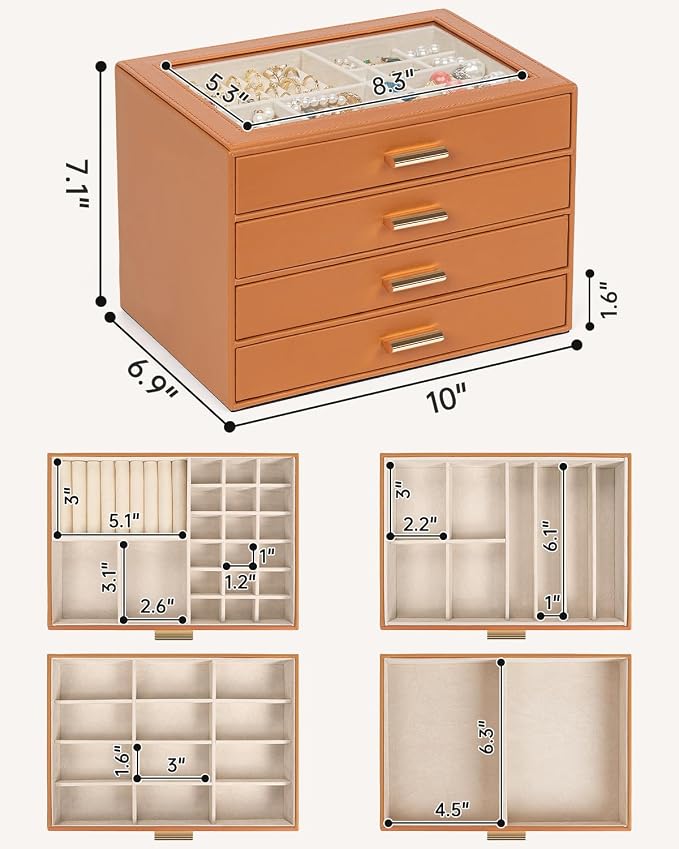AKOZLIN Jewelry Box with Clear Lid Functional Leather Jewelry Storage Organizer Case 4 Drawers for Women Girls Necklace Ring Bracelet Earring Orange
