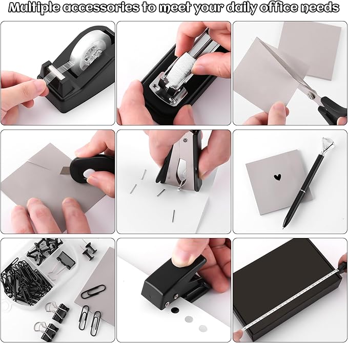 Black Desk Accessory Kit Cute Office Supplies Set Desktop Stapler Set Includes Staple Remover Hole Punch Tape Dispenser Ballpoint Pen Scissor Mini Box Cutter Tape Measure Paper Clips Sticky Notes