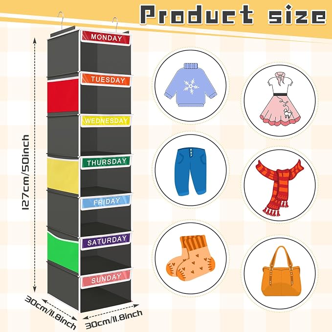 Amylove 2 Pcs 7 Shelf Weekly Clothes Organizer for Kids Hanging Closet Organizer 11. 8 x 11. 8 x 50 Inch Daily Activity Kids Clothes Storage Drawers Cube Drawers Closet Hanging Shelves (Grey)