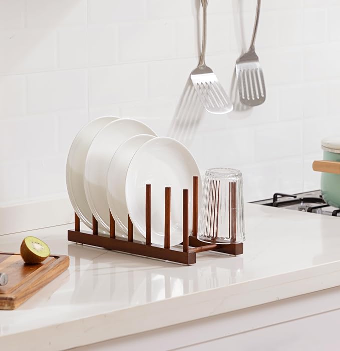 HBlife 2 Packs Teak Wooden Dish Drying Rack Kitchen Plate Organizer Holder | 6 Slots, Vertical Dish Racks for Cabinet Countertop & Wall, Plate Pot Lid Cutting Board Holder, Bowl Cup Drainer, Keep Dry