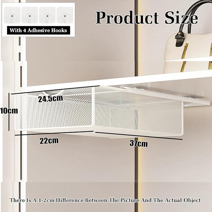 Pull Out Cabinet Storage Basket,Wardrobe Storage Organiser,Storage Under Shelf,No Punching Required,with 4 Hooks,for Kitchen Office Wardrobes Cupboard Storage(White,37x22x10cm)