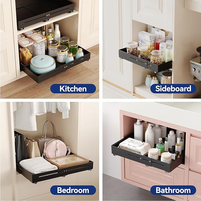 Pull out Cabinet Organizer, Full Metal Expandable Width (12.6"-20.8") & Depth (16"-24.4") Adjustable Slide out Drawers, No Drill Adhesive Roll out Shelves for Kitchen Pantry, Black
