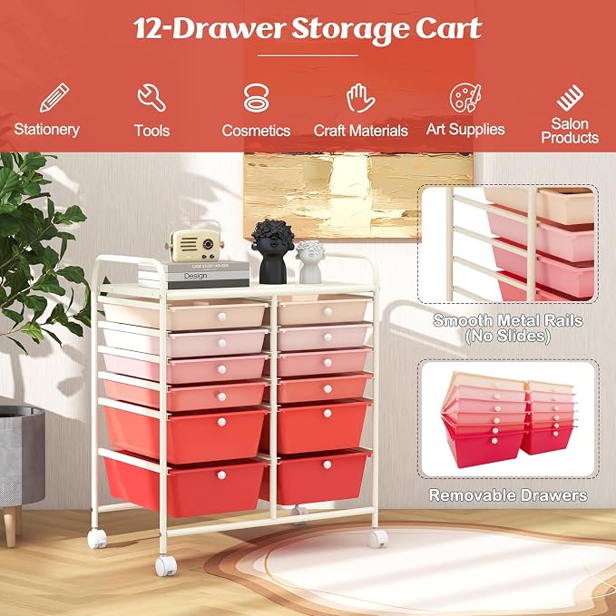 Moccha 12-Drawer Rolling Storage Cart - Utility Cart on Wheels with Lockable Casters for Craft Art Supply Paper Salon, Mobile Drawer Carts for Classroom Teacher School Office (Gradient Pink)