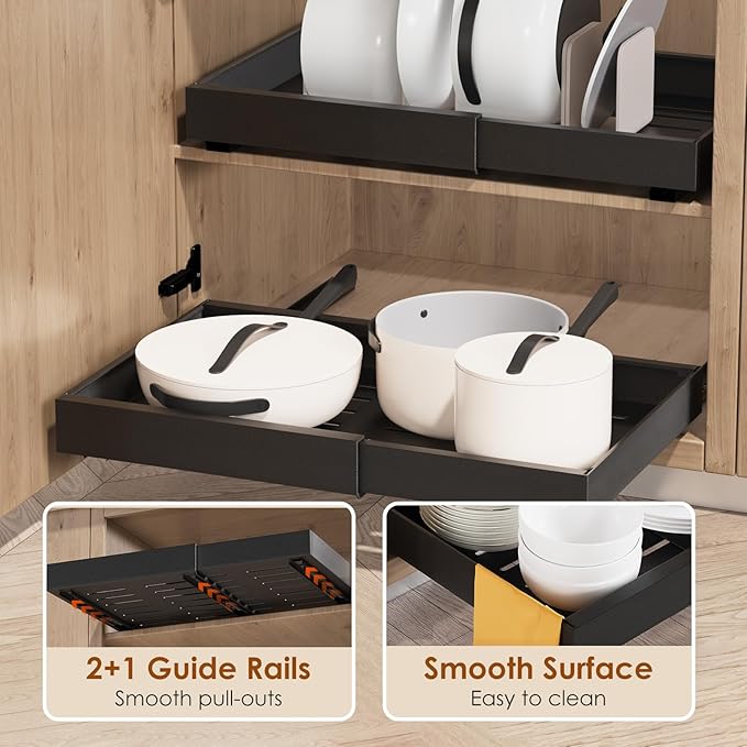 2 Pack Expandable Pull Out Cabinet Organizer 16.5" Deep, Adjustable Width 12.6"-20.5", No Drill Adhesive with Triple Track Rails, Heavy Duty Slide Out Drawers for Kitchen,Pantry,Cabinets,Black