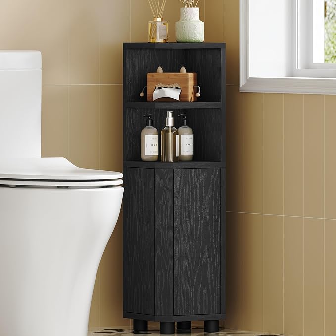 Hzuaneri Corner Cabinet, Small Bathroom Corner Cabinet with Doors | Narrow Storage Cabinets with Adjustable Shelves, Bathroom Organizers and Storage for Small Space,Black BC21004X