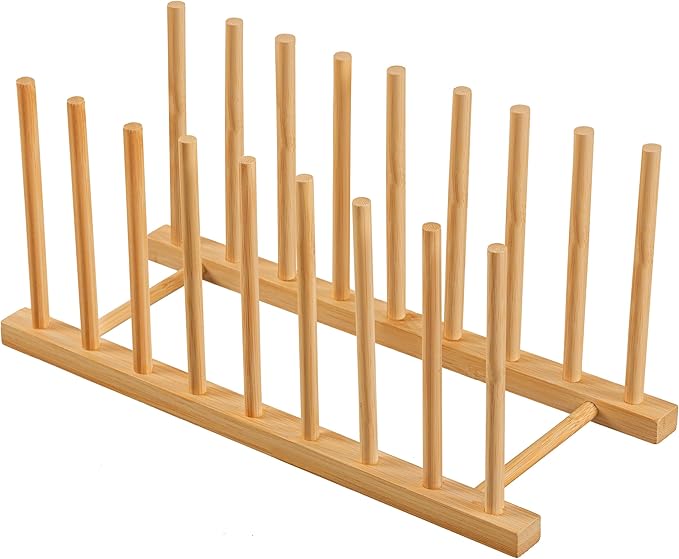 HBlife Heighten and Widen Bamboo Dish Drying Rack Plate Pot Lid Organizer | Plate Bowl Cup Book Pot Lid Cutting Board Stand, Drainer Storage Holder Organizer, For Kitchen Cabinet, 8 Slots