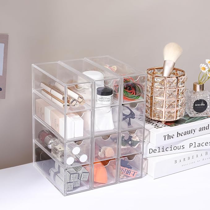 Acrylic Stackable Drawer Organizer with 4 Clear Drawers for Bathroom & Vanity Makeup Storage